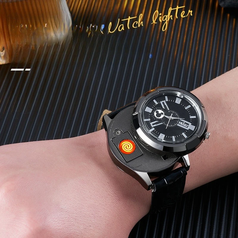 Hot  Rechargeable Metal Creative Watch Lighter Cool Trend Tungsten Filament Cigarette Lighter Men's Gift Cigarette Accessories