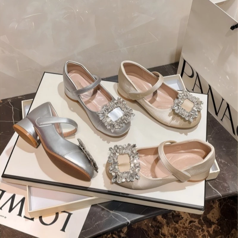 Big Kids High Heels Dress Shoes with Shiny Rhinestone 2026 New Summer Little Girls Princess Mary Jane Shoes School Party Sandals