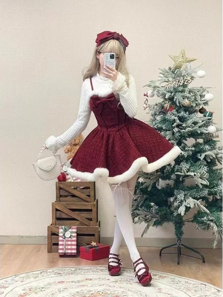 Зимние рождественские комплекты из трех предметов в стиле Лолиты, женский плащ с бантом + элегантный теплый свитер + шикарное платье, женская одежда в корейском стиле