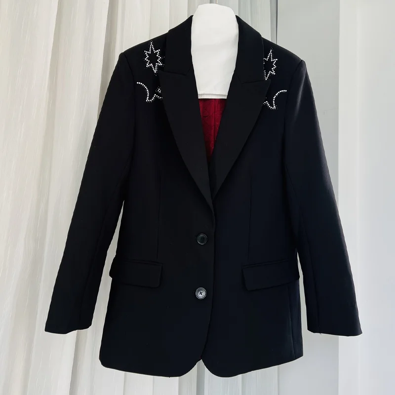 

Female Black Blazer Formal Occasion Tops Casual Diamond Lapel Coats Women Blazers Elegant Button Pocket Suits Winter Top
