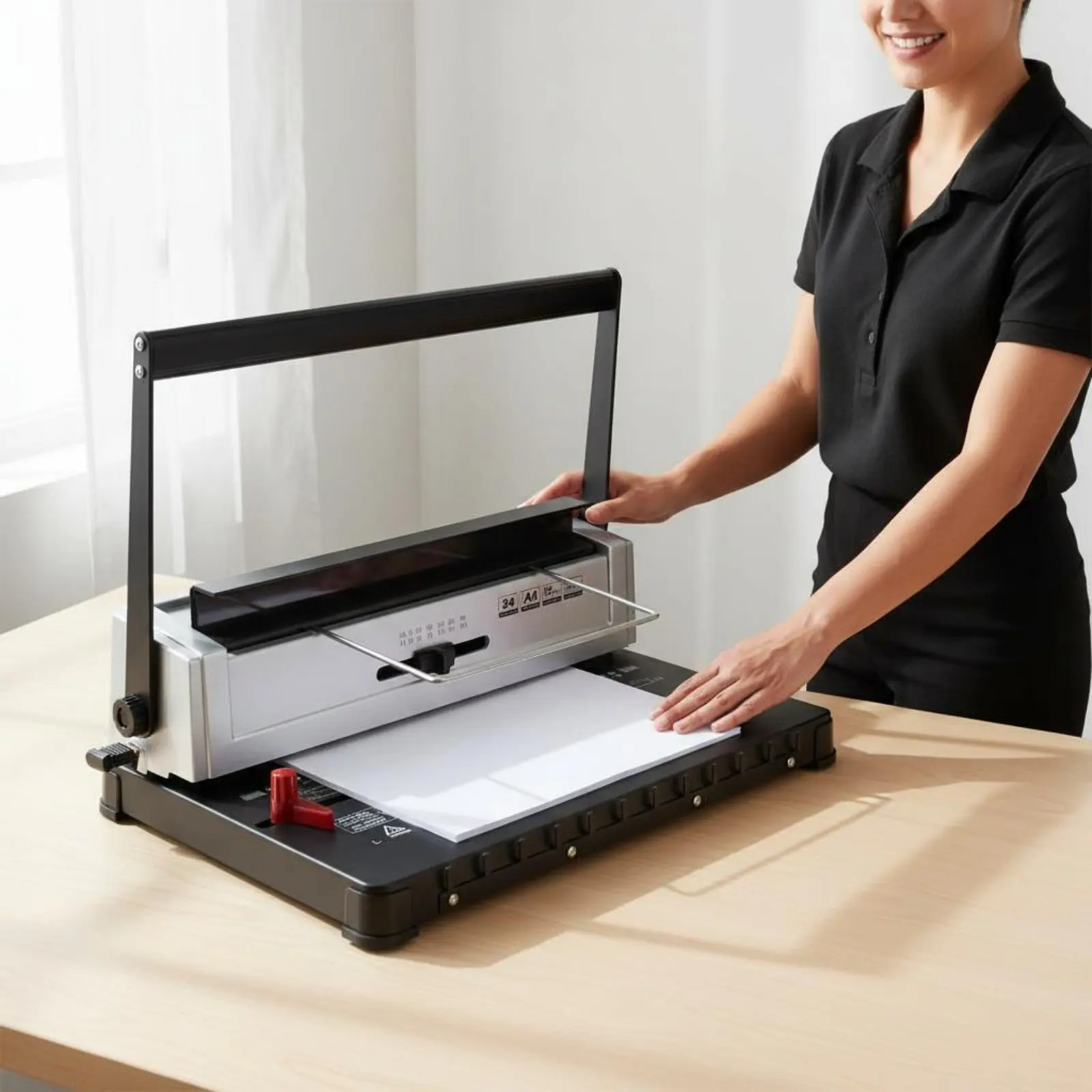 

34 Hole Paper Puncher Sturdy Duty Double Loop Wire Binder Wire Binding Machine Adjustable Margin Document Completer Waste Drawer