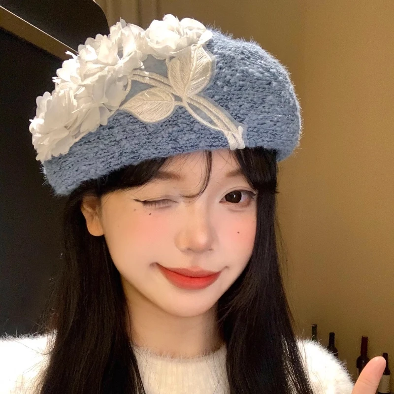 

3D Flower Design Elegant Knitted Berets for Women Spring and Autumn Travel Casual Versatile Show Face Small Retro Painter Hats