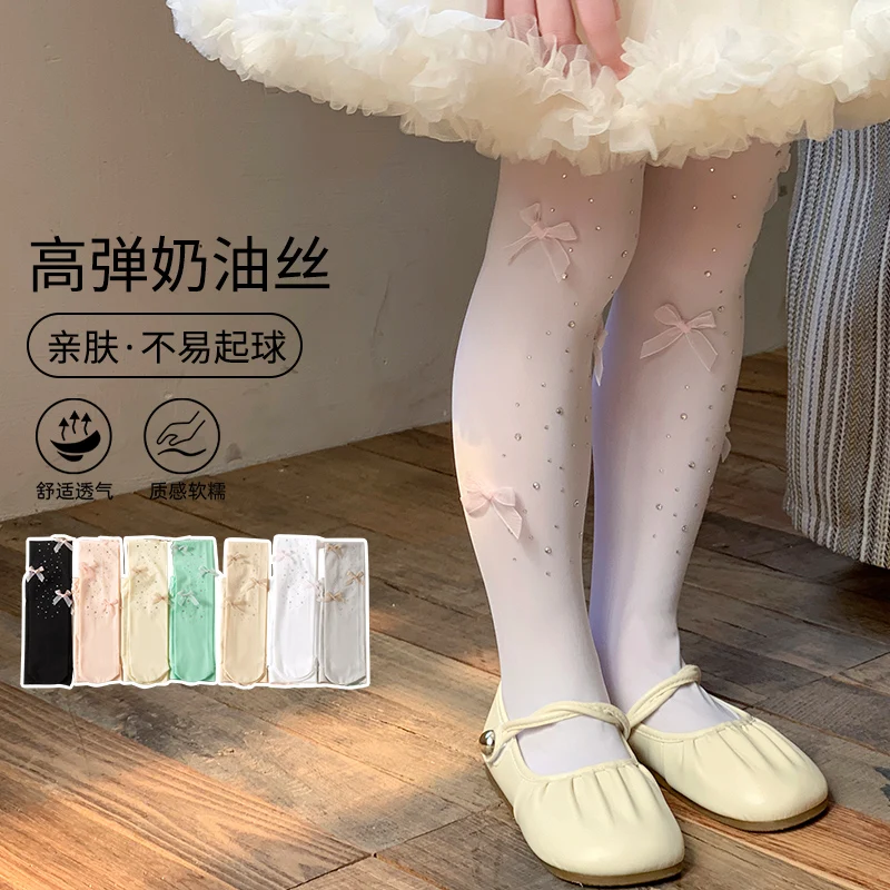 Lolita Kids Cream Silk Footed Tights With Multiple Bows Starry Dot Pattern Breathable Thin Soft Stretchy Elastic Waist Pantyhose