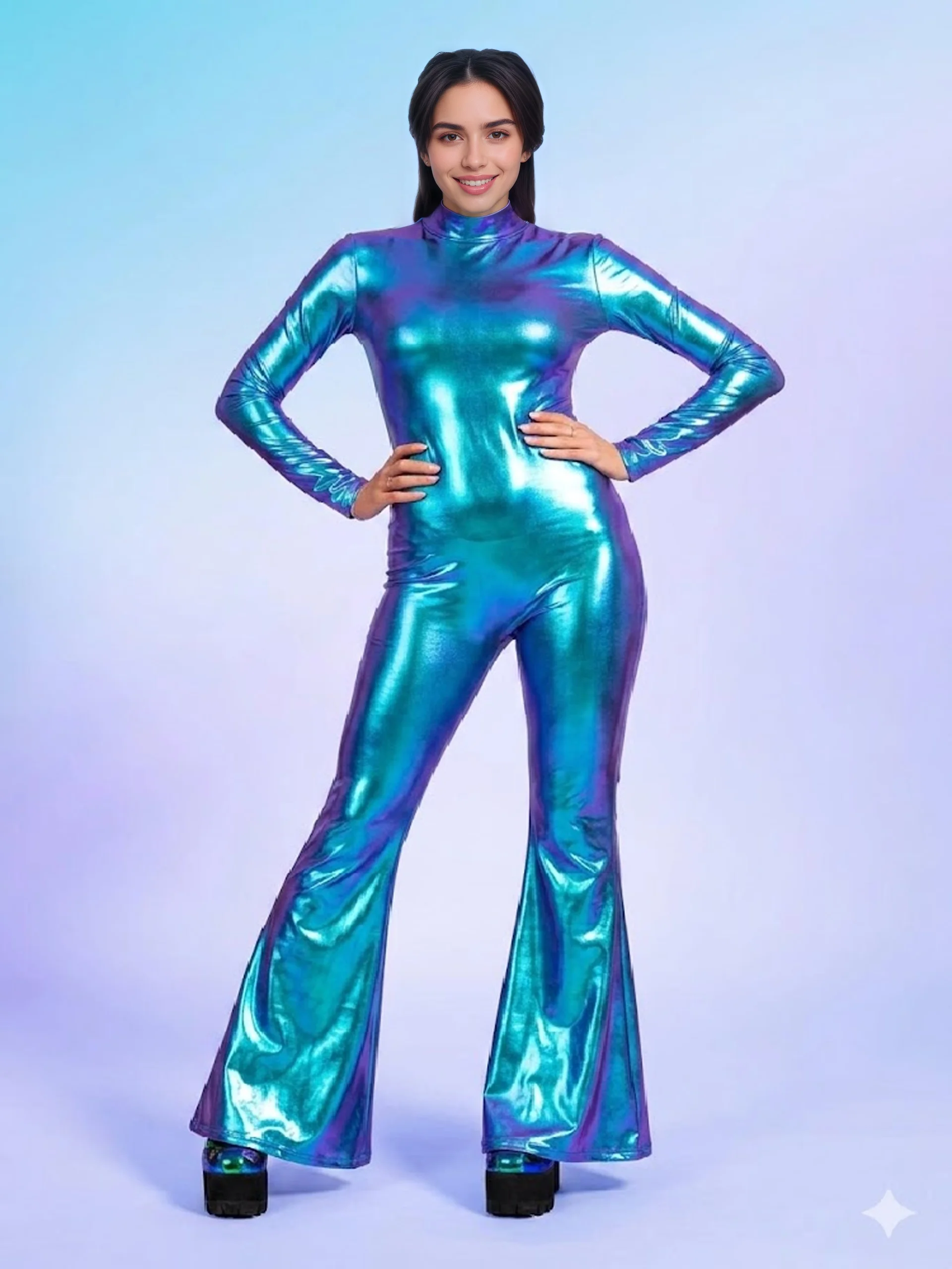 Damen Rollkragen-Jumpsuit mit Glänzendem Metallic-Effekt und Schlaghose, Schillernder Glänzender Bodysuit für Nachtclub, Disco, Bühne und Party – Detail 8