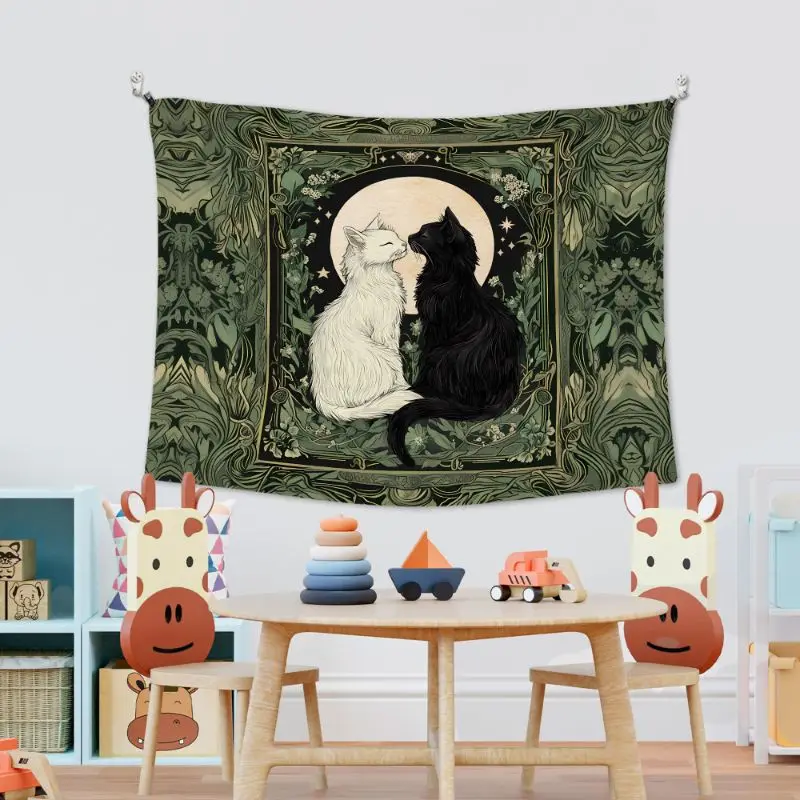VIKAMA Retro Gothic Black and White Cat Moon Tapestry Bedroom Dormitory Mysterious Atmosphere Wall Hanging Home Decoration