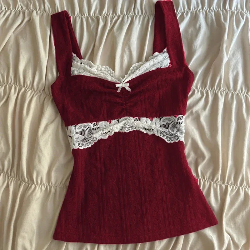 

90s Vintage Cutest Lace Trim Camis Women Aesthetic Grunge Slim Fit Milkmaid Vest 00s Retro Y2k Cottage Crop Top Coquette Clothes