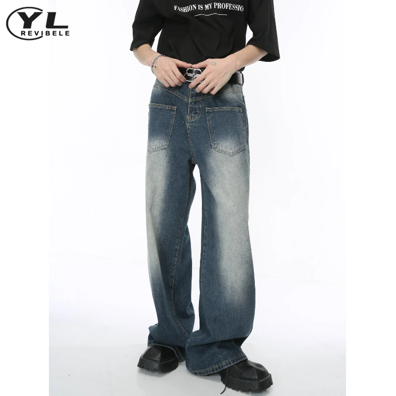 Calça jeans reta vintage americana masculina, calça jeans folgada na rua alta, calça masculina de Harajuku azul lavada de perna larga, streetwear