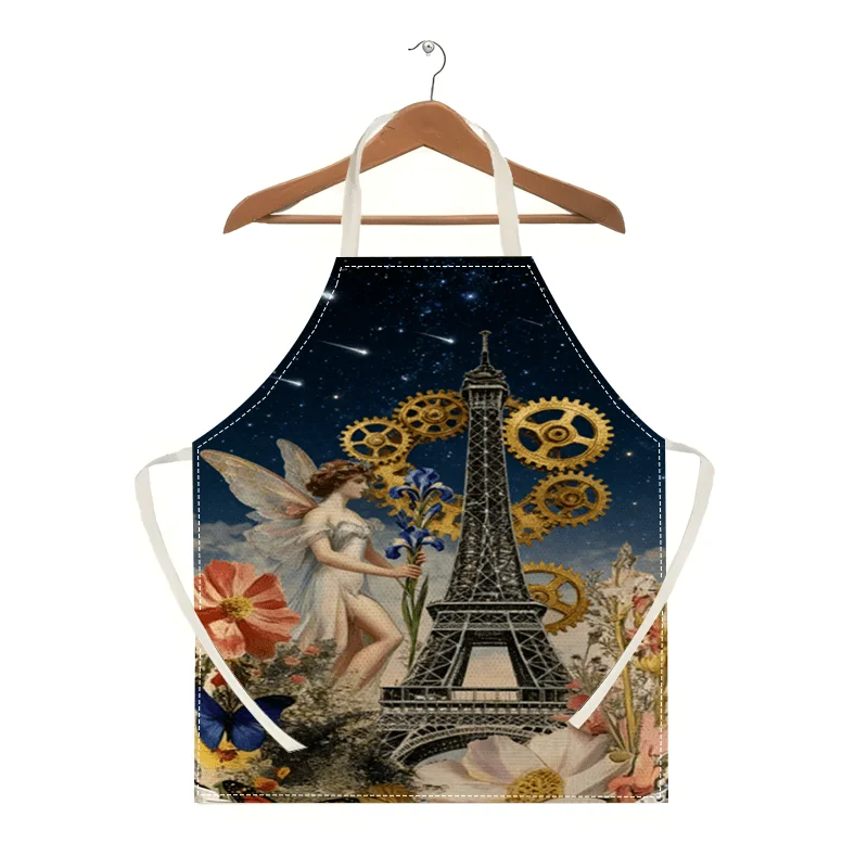 Vintage Eiffel Tower Fairy Apron Steampunk Gears Floral Kitchen Cooking Baking Chef Artistic Gift For Women Linen Bib Apron