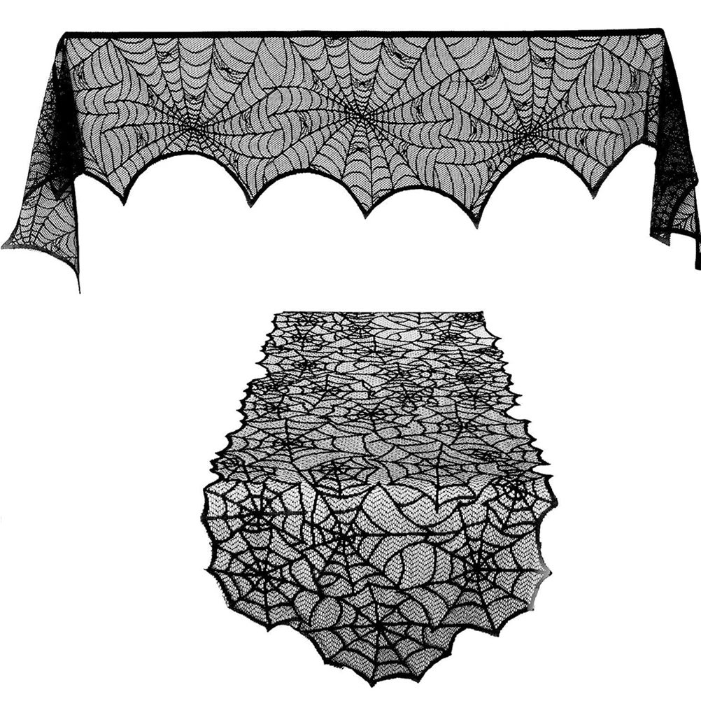 

2 Pcs Classy Fireplace Cloth Table Flag Set Tablecloth Halloween Runner Black Spider Web