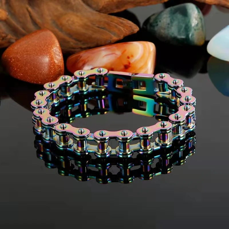

13mm Heavy Rainbow Motorcycle Bicycle Chain Bracelet Men Women Hiphop Rock Retro Black Stainless Steel Bike Biker Bangle Jewelry