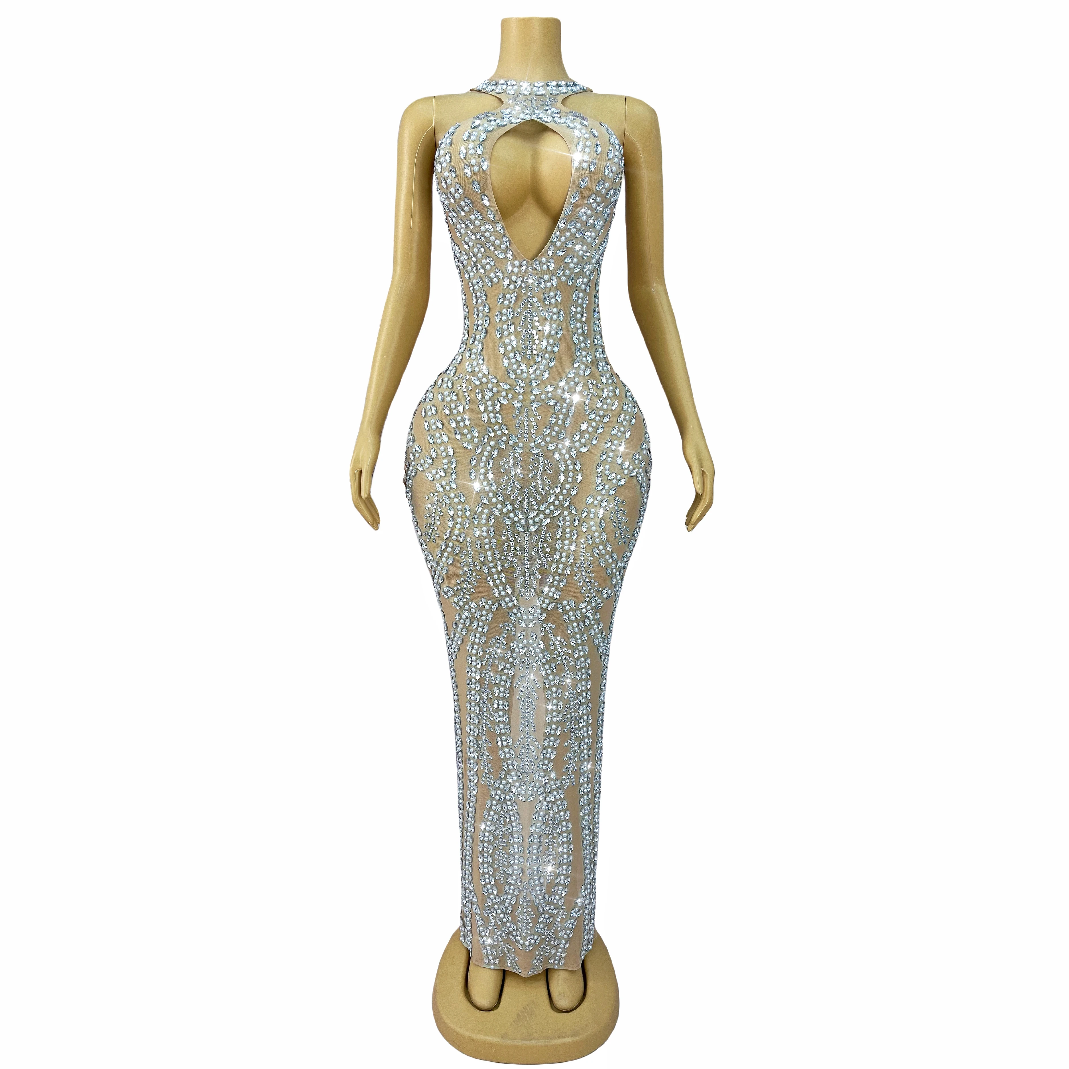 

Shining Rhinestones Pearls Elegant Gown Sexy Hollow out Transparent Mesh Dress Evening Wedding Outfit Show Stage Costume Baitiao