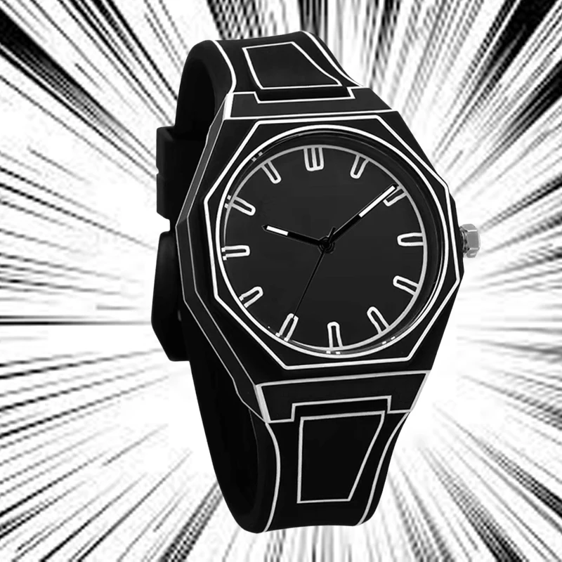 A men's black tape luminous design anime cartoon line style Japanese personality trend cool quartz wristwatch