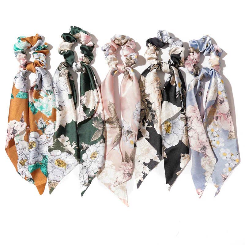 

Satin Scrunchies with Floral Accent Elegant Ribbon Hair Ties for Women Soft Elastic Ponytail Scarf Headband Set