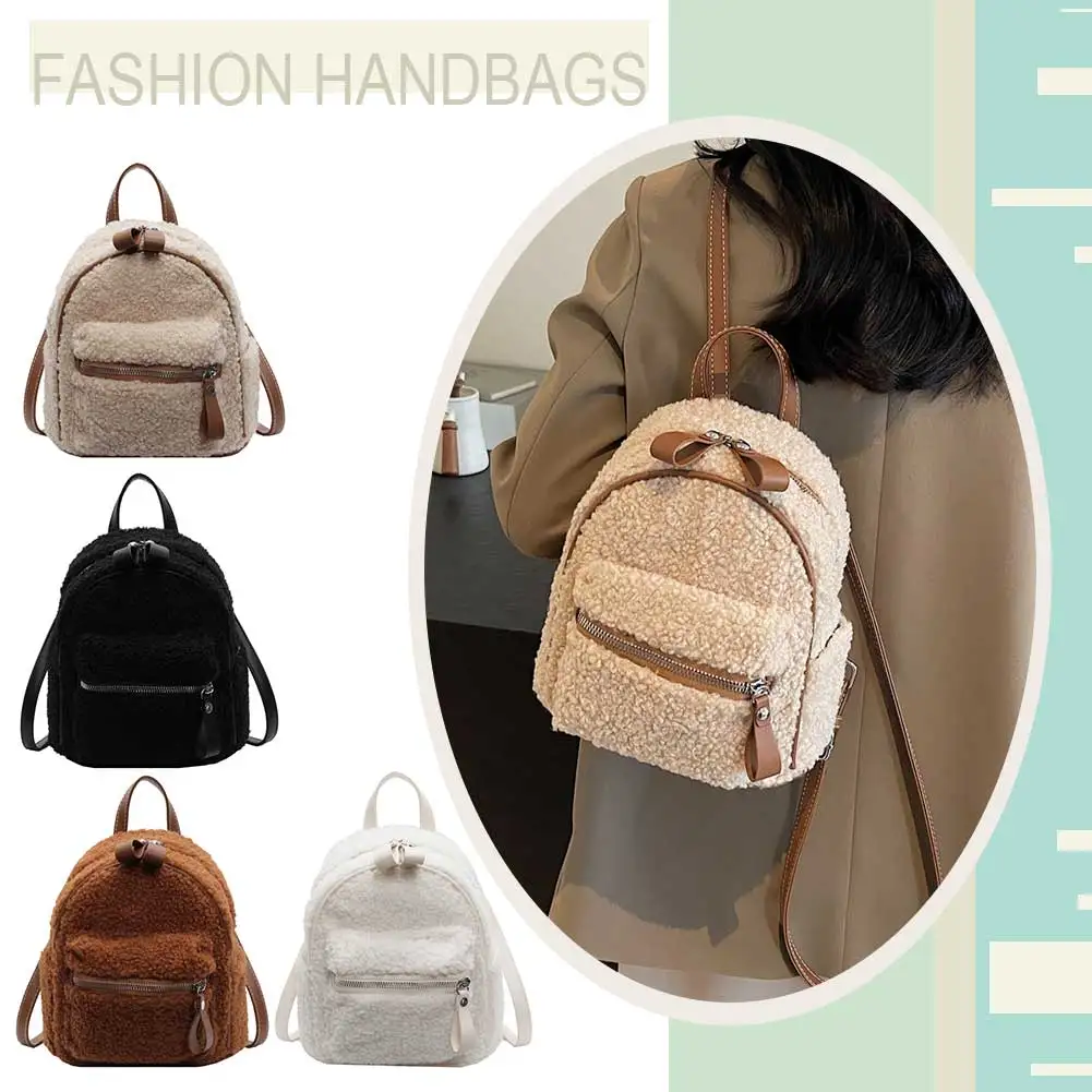 Women Plush Backpack with Multi-Pockets Toddler Backpack Fuzzy Mini Shoulder Bag Mini Schoolbag Mini Travel Bag