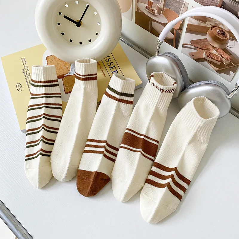 Mens Socks Breathable Beige Crew Ankle Socks Male Spring Summer Low Cut Socks Short Cotton Striped Soks Spring Summer Sox 2023