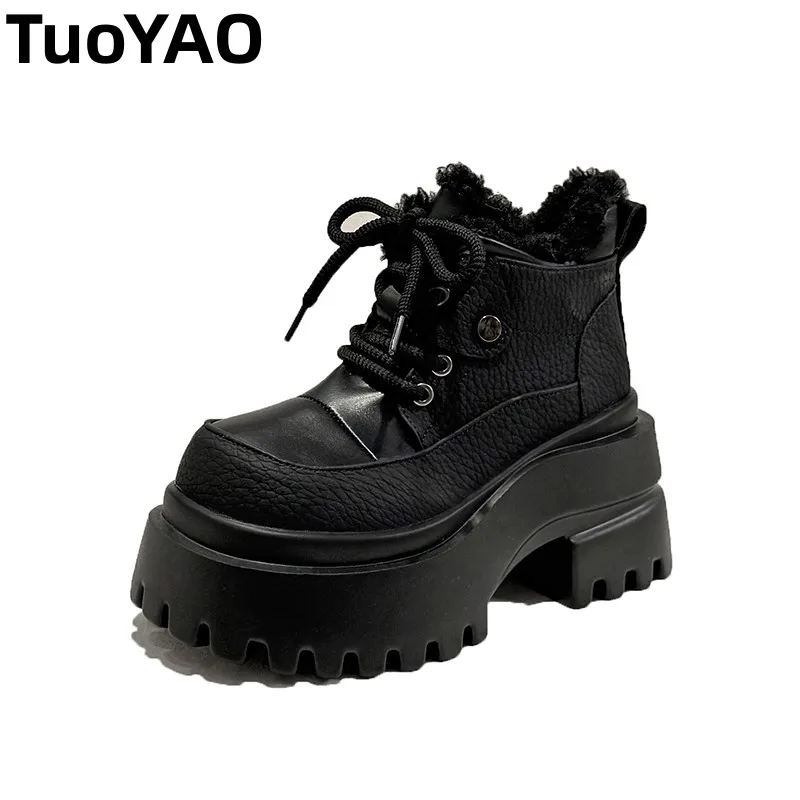 

9cm Women Winter Platform Fur Snow Boots Leather Warm Cotton Ankle Shoes Woman New Trend Short Plush Motorcycle Botas De Mujer