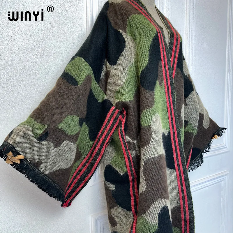 WINYI camouflage color African women winter kimono manica lunga soprabito abaya dubai luxury Open Front long Cardigan party dress