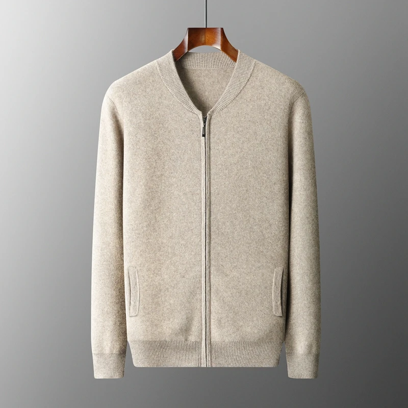 Autumn Winter 100% Merino Wool Thickened Sweater Men\'s Knitted Stand up Collar Cardigan Casual Business Long Sleeved Coat Jacket