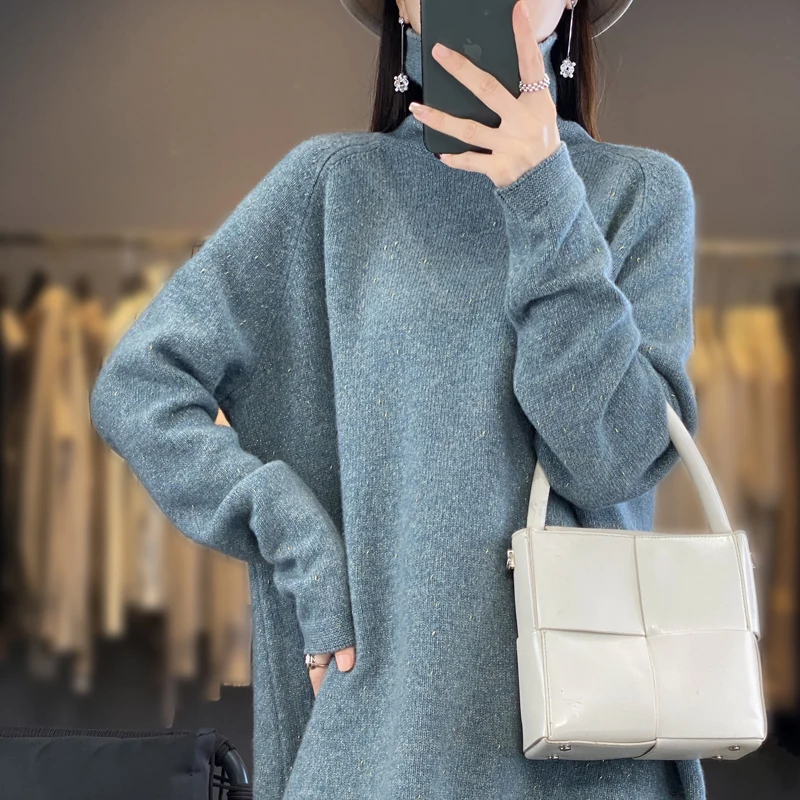 Lazy Style Wool Sweater Women's AutumnWinter Long Sleeved Solid Color Fashionable Pullover Knit Sweater 100%Merino Pure Wool Top