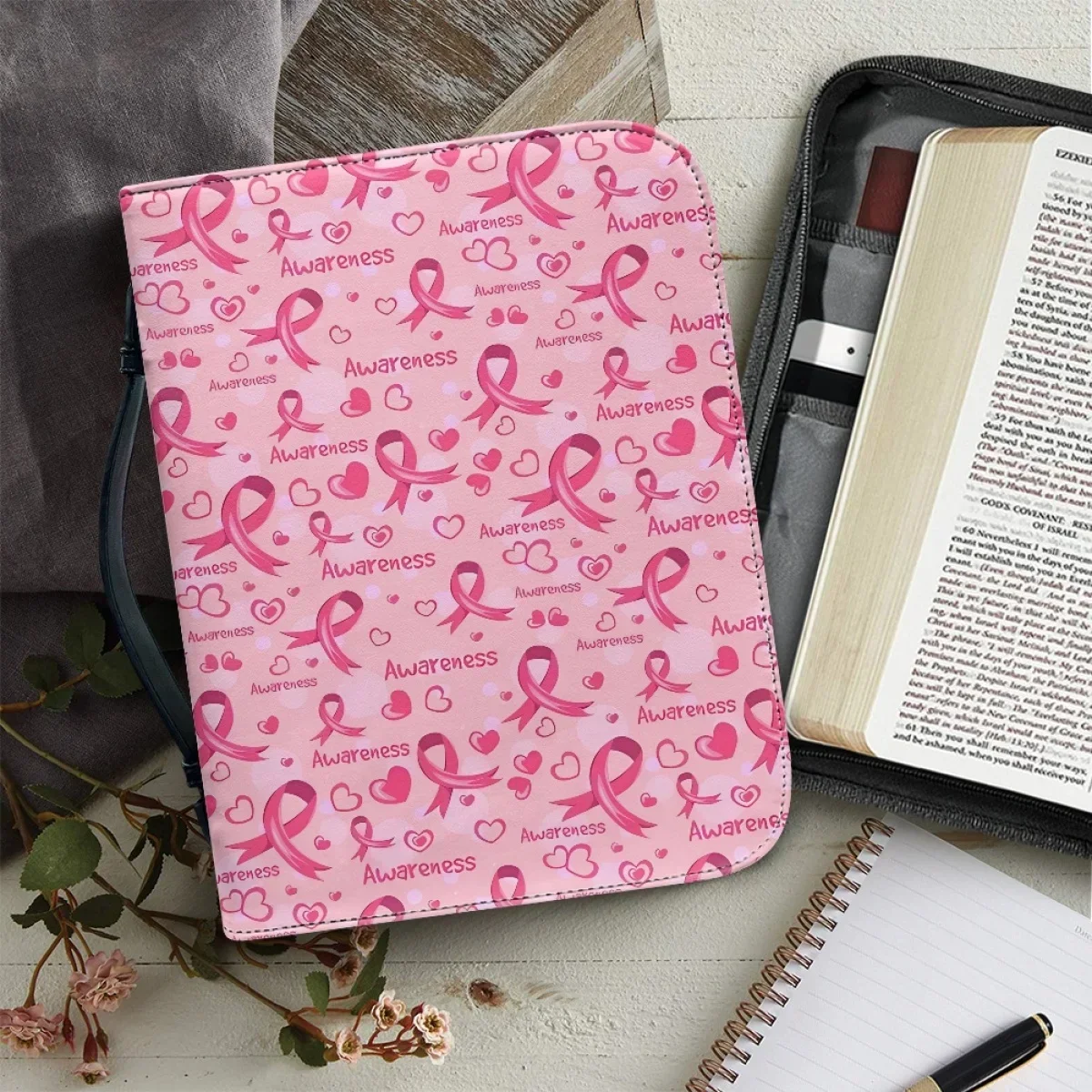 

Autism Cancer Consciousness Bible Storage Bag for Women Pink Cravat Print Bible Bag Leather Study Book Holy Storage Boxes