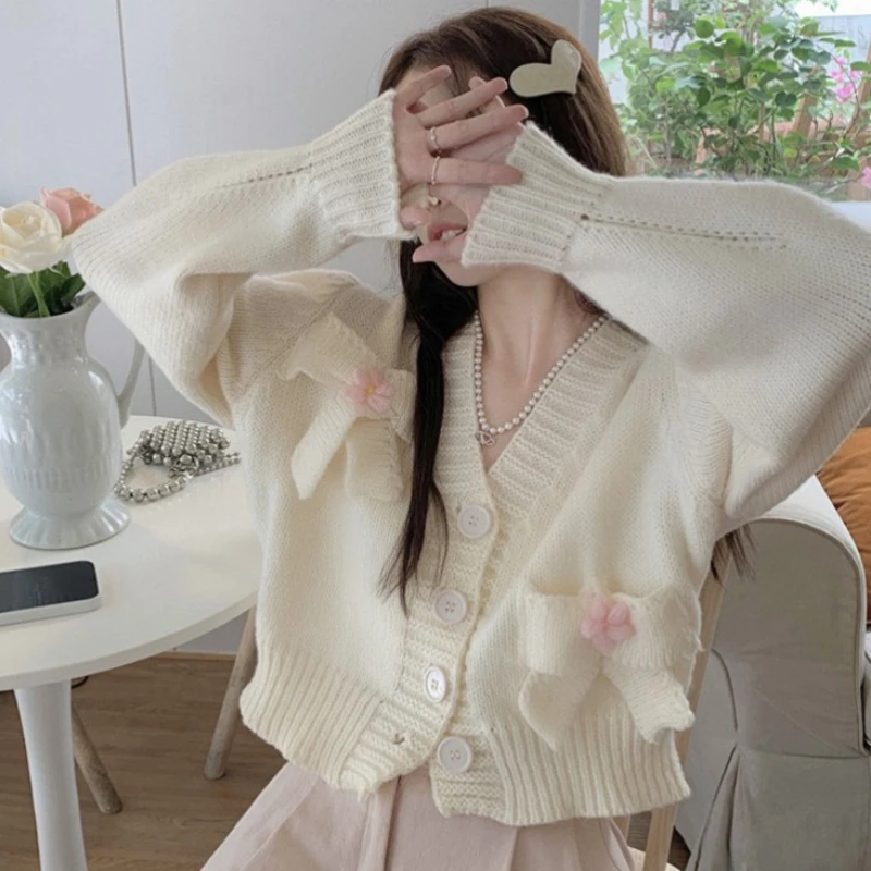 Autumn Winter Sweet Knitted Cardigan Women Vintage V-Neck Flowers Bow Full Sleeve Sweater Korean Style Loose Short Knitting Tops