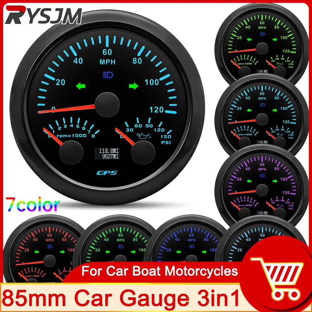 

85mm GPS Speedometer with Antenna 3in1 Gauge Tachometer + Oil Pressure Gauge for Yacht Boat Car Odometer 7 Colors customized