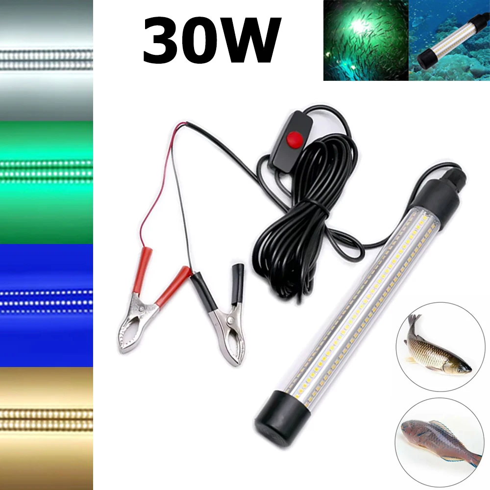 

30W 2835SMD LED Fishing Bait Light Underwater IP68 Waterproof 126LEDs Fishing Lure Lamp With 5M Cord 12V-24V Fishing Tools