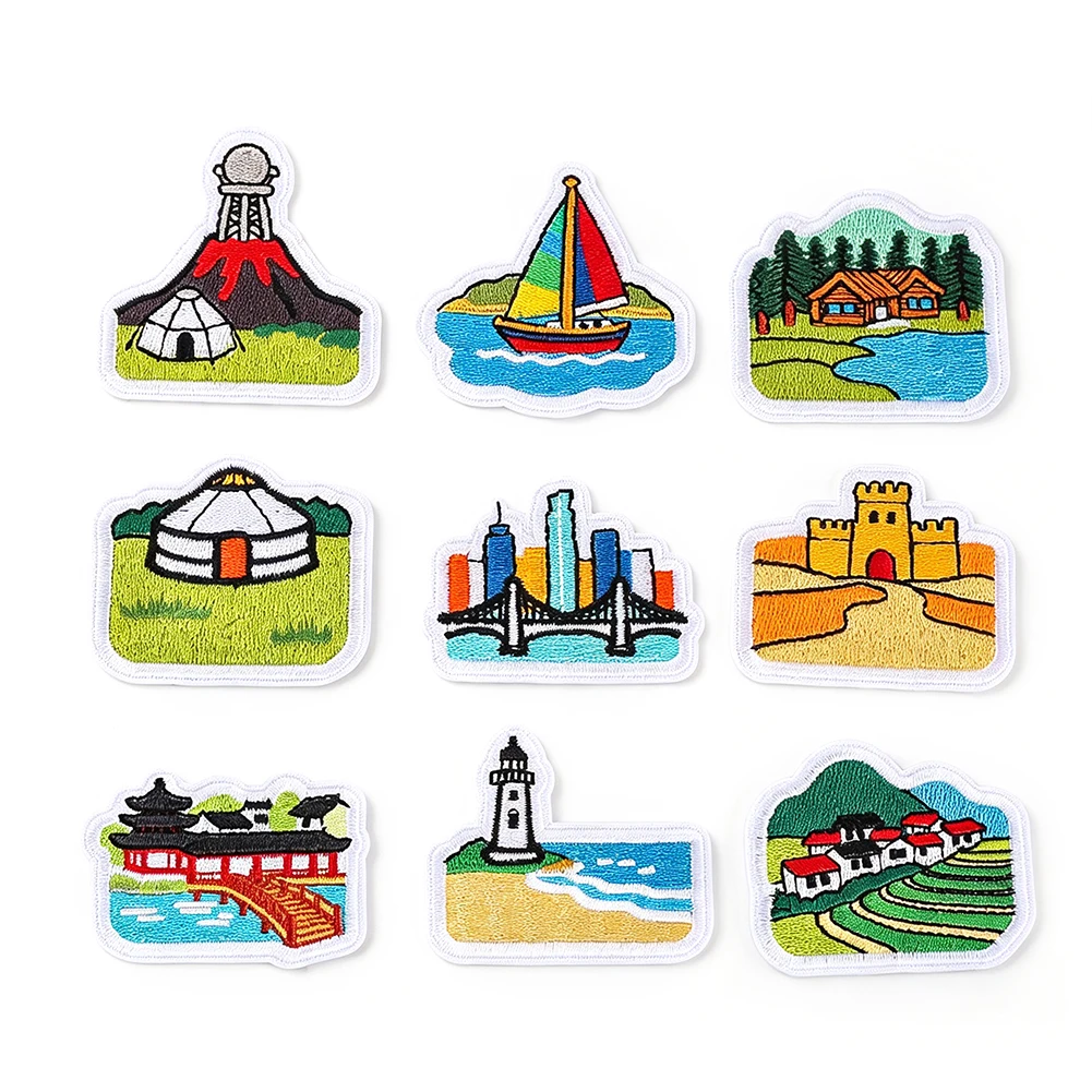 Travel Landscape Embroidery Patches Volcano Sailboat Cabin Castle Lighthouse Scenic Appliques for Jacket Hat Jeans DIY Decor