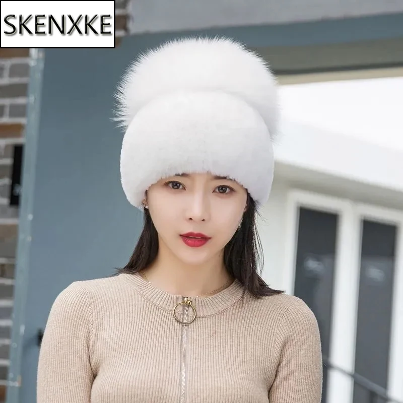 

New Women Winter Luxury Real Rex Rabbit Fur Hat Knitted Rex Rabbit Fur Hat Top Natural Fox Fur Cap Genuine Fox Fur Beanies Hat