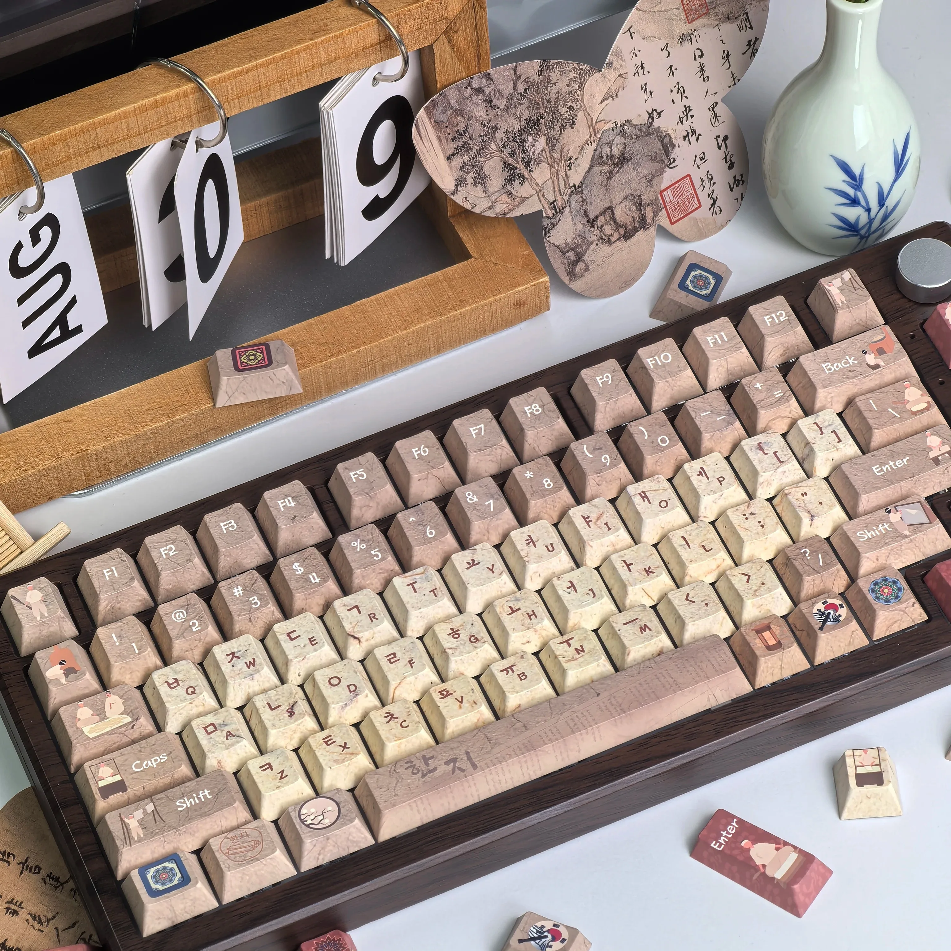 

Retro Korean Keycap Ancient Architecture Side Engraved Translucent Pbt Cherry "L" Key Layout Hangul Keycaps