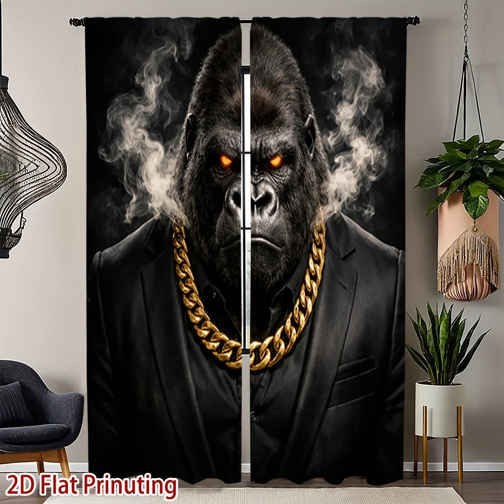 Cool Gangster Gorilla Print Blackout Curtains - 3D Animal Suit Gold Chain Window Drapes for Living Room Man Cave Bar Decor