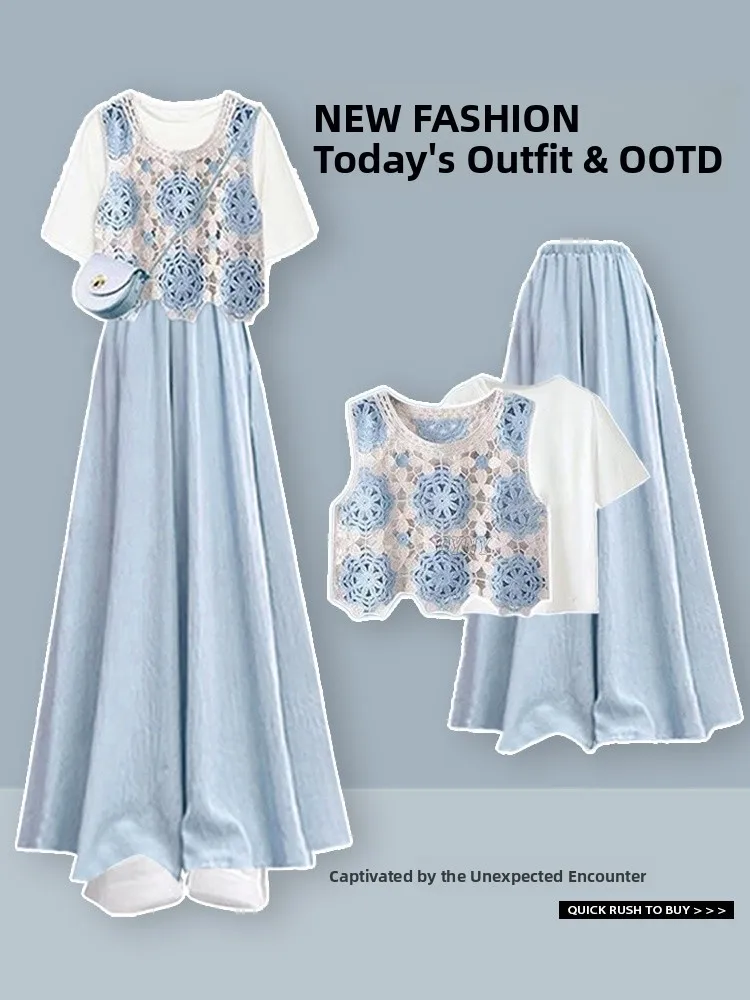 ชุดเซ็ตแฟชั่นฤดูร้อนสำหรับผู้หญิง เสื้อยืดหลวมอเนกประสงค์สีน้ำเงิน ดีไซน์เว้า พร้อมกางเกงขายาว ผลิตจากเส้นใยโพลีเอสเตอร์ คอกลม แขนสั้น