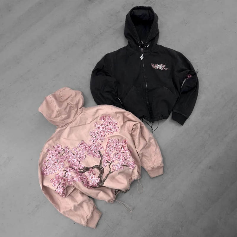 

Y2K Толстовка на молнии Harajuku с вышивкой Plum Blossom Pattern Розовая модная куртка Уличная одежда Пара Готическая хлопковая толстовка
