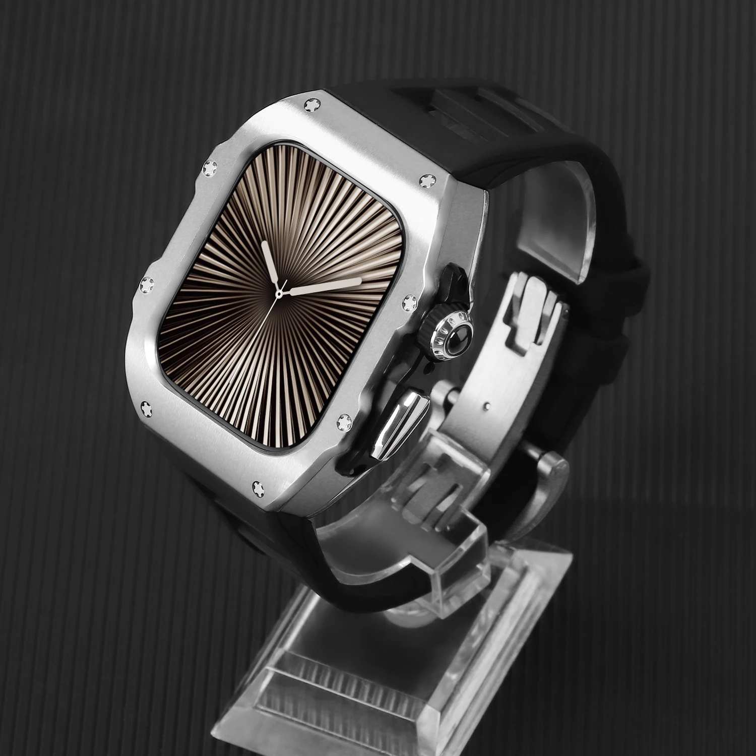 Luxury stainless steel modified silver frame watch cover with fluororubber strap for iWatch S10 42 46 mm