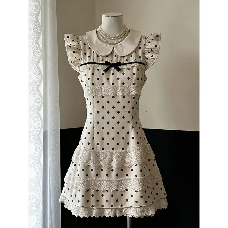 Japanse vintage poppenjurk met polkadotprint, zoete kant, vlindermouwen, A-lijn, taille-accentuerend, zoete retro, nieuw, één geheel.