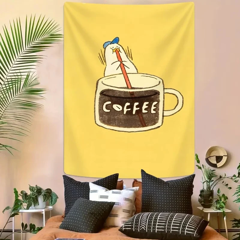 VIKAMA Funny Duck Coffee Tapestry Wall Art for Bedroom, Living Room, Dorm, Minimalist Yellow & Cute Animal Room Decor view 4