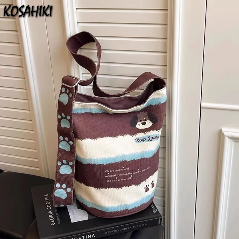 

Fashion Kawaii Cartoon Dog Print Underarm Bag Women Y2k Casual Sweet Shoulder Handbags Ins Contrast Color Striped Crossbody Bags