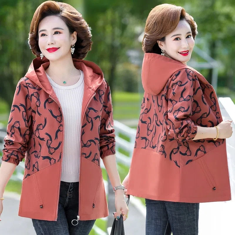 

Mother's Autumn Jacket Fashion Middle-Aged And Elderly Women's Short Trench Coat Casual Loose Hooddeed Jacket Lining Top Elegant