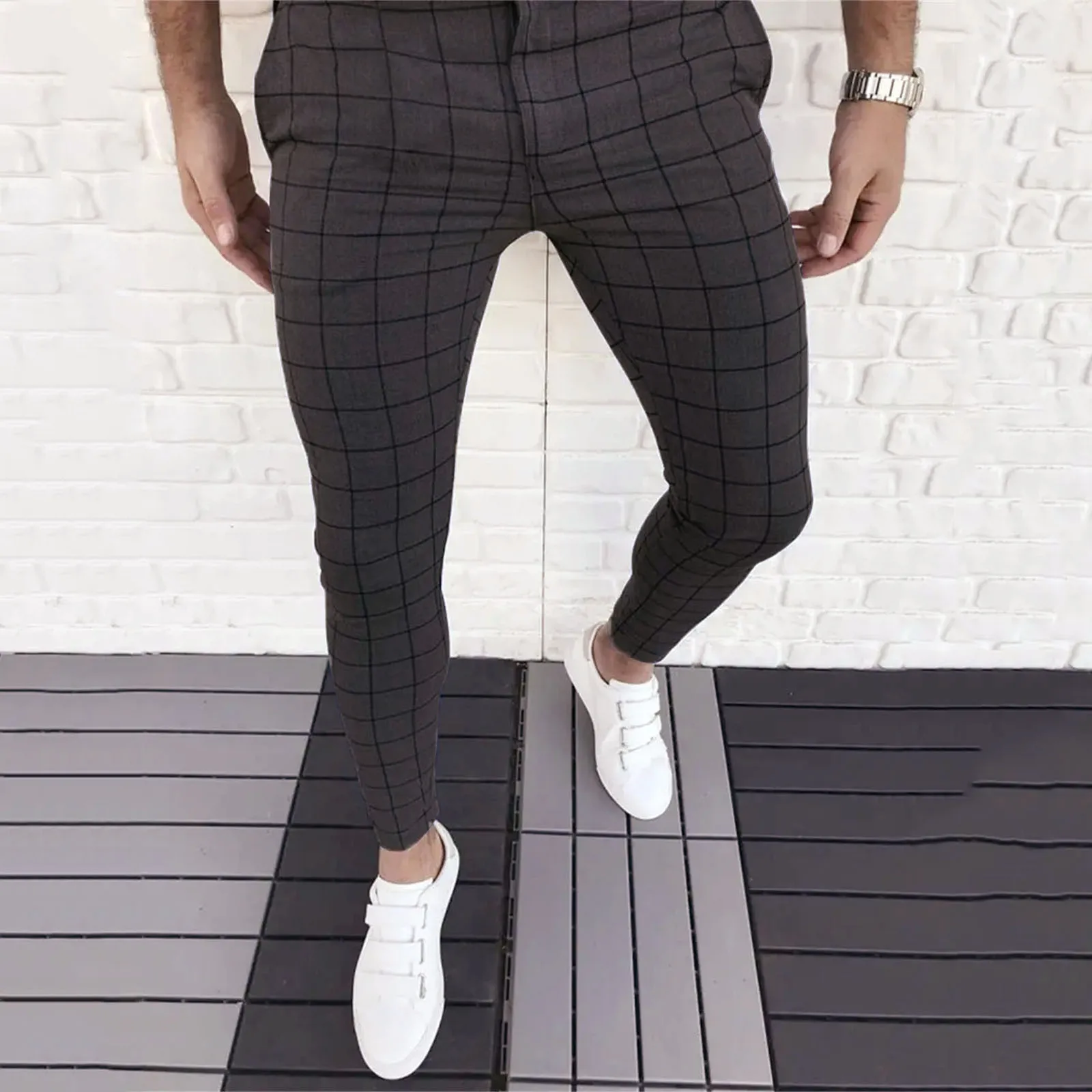 

Mens Cargo Pantalones Pants Slim Fit Plaid Print Pockets Zipper Button Feet Pants Suit Pencil Trousers Business Streetwear Male