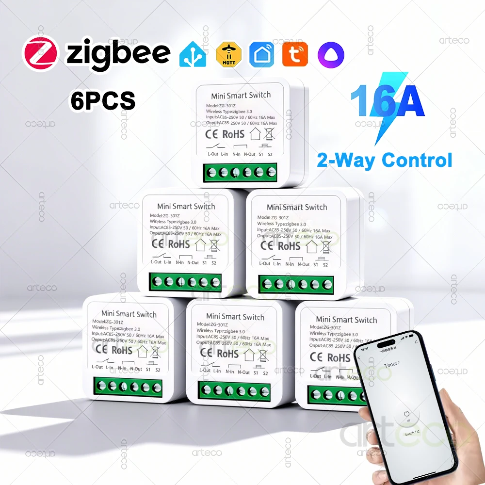

6 шт. Zigbee 3.0 Smart Mini Switch 16A Домашний модуль выключателя «сделай сам» Поддержка 2-стороннего управления Приложение Дистанционное управление временем Требуется концентратор Zigbee