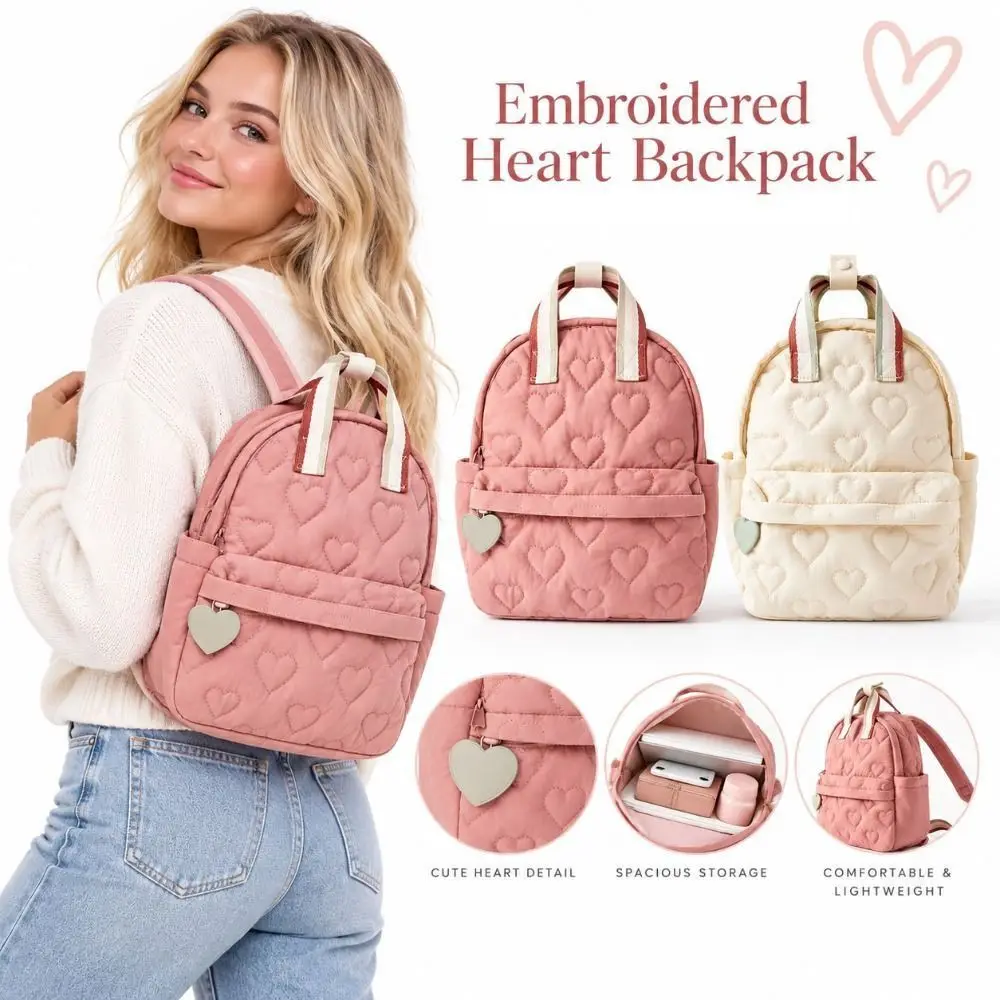 New Multi Compartment Embroidered Heart Backpack Padded Lightweight Casual Backpack Embroidered Heart Small Schoolbag Women