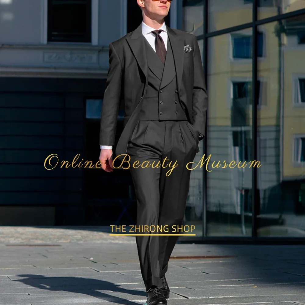 Dark gray formal suit for men 3pcs peak lapel blazer vest pants set for business meeting wedding groom date prom party handmade