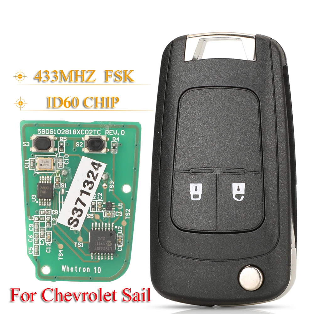 Jingyuqin 2-Tasten Klappbarer Fernbedienungs-Autoschlüssel 433MHz ID60 Chip OEM Leiterplatte Vollständige Schlüsselsteuerung für Chevrolet Sail 2019 2020 2021+