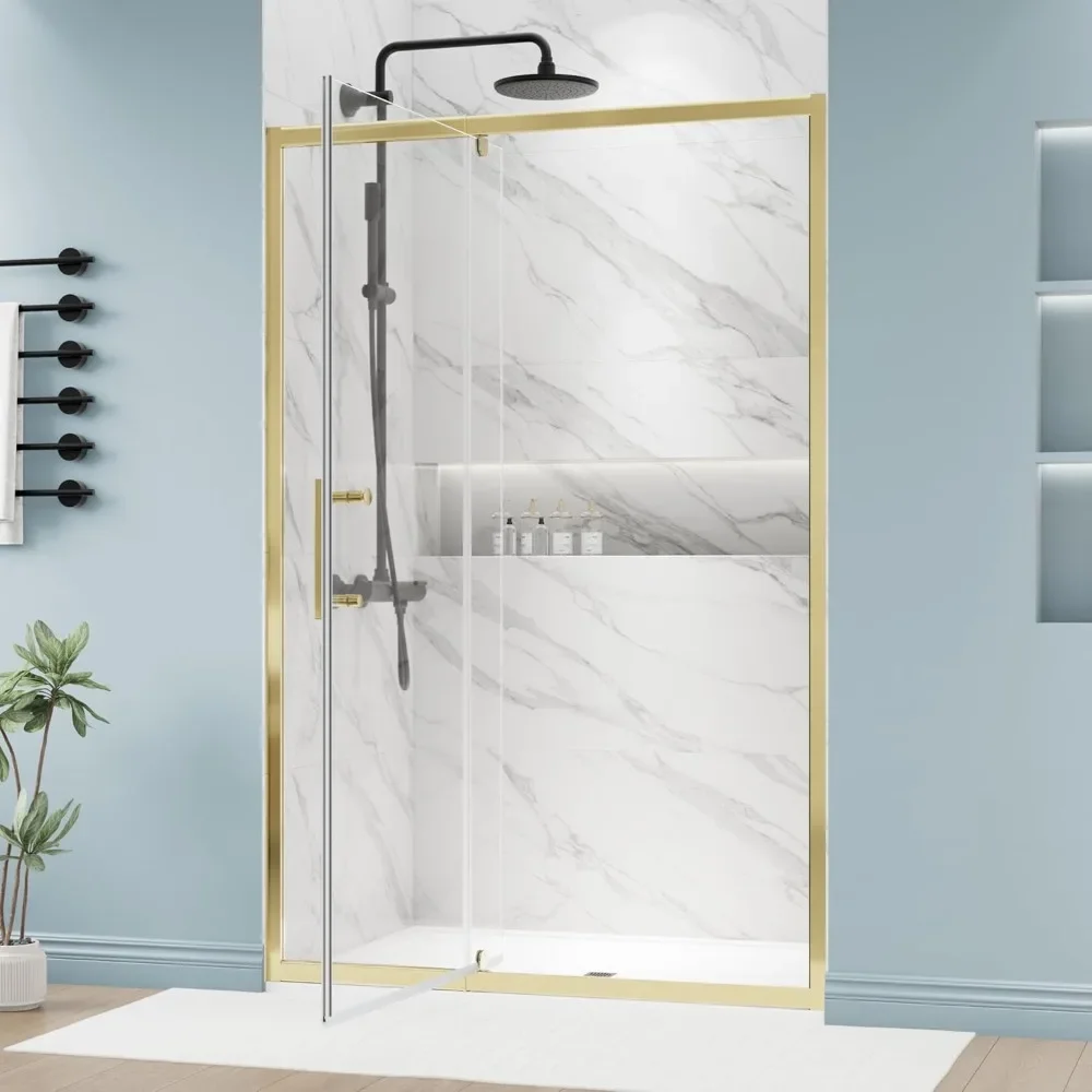 

44-48.in w x 72.in semi-frameless pivot shower door, adjustable swing shower glass door, water repellent shower door, gold show