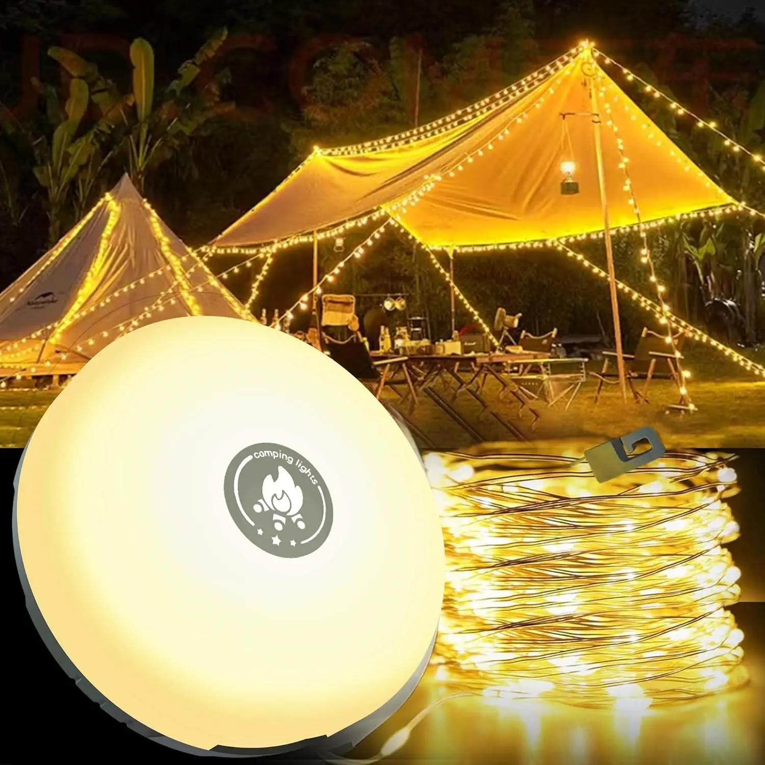 Camping String Lights 2 in1 Outdoor Waterproof Portable Stowable String Light with Lighting Modes USB Camping Lights for Hiking