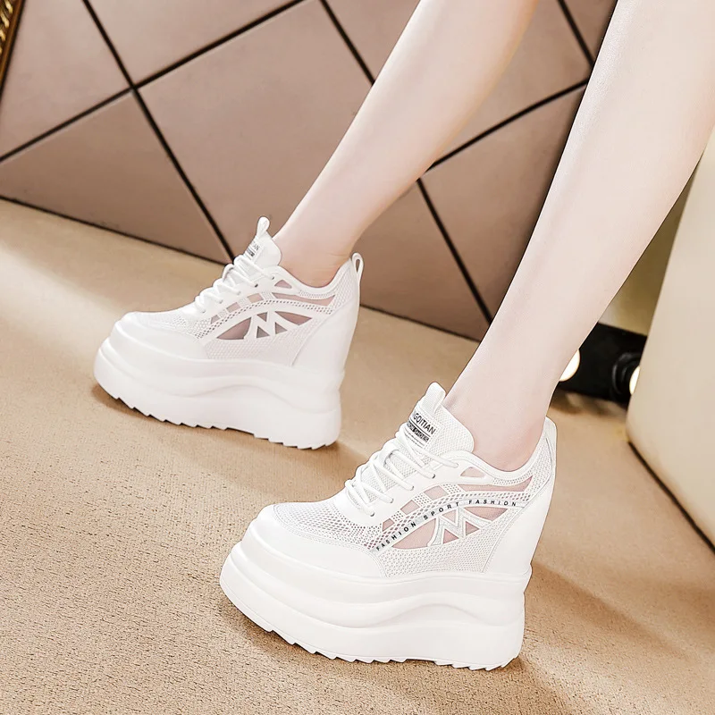 13CM Spring and Summer Women's Shoes New Thick Sole Inner Height White Shoes Women's Fashion Casual Sports Breathable Mesh Shoes image 5