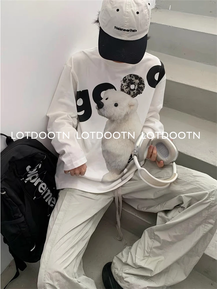 LOTDOOTN Fashion Vintage T-Shirts Cotton Cartoon Polar Bear Print Tops Long Sleeve Spring Tees Casual Loose Sweet Women Clothes