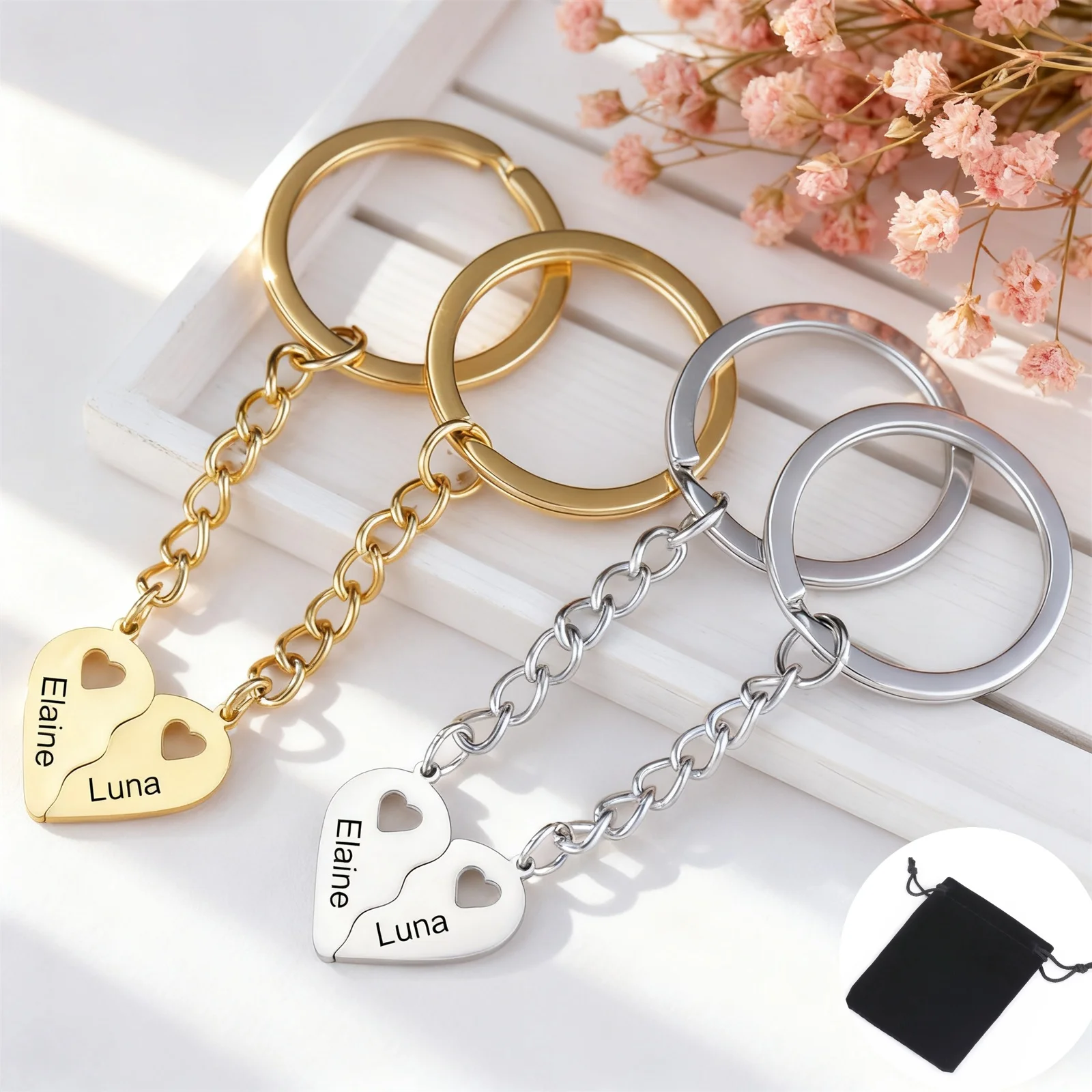 Personalisierter Name Halbes Herz Schlüsselanhänger Edelstahl Paar Herz gravierter Schlüsselanhänger Paar Schlüsseltasche Zubehör Schmuck Geschenke