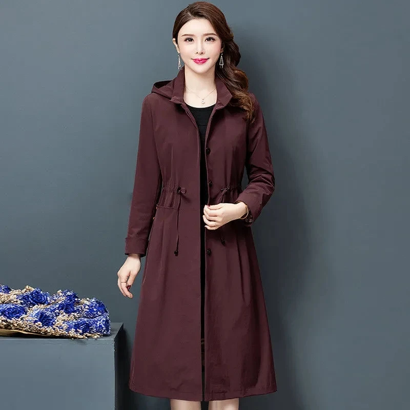 

2024 Spring Autumn New Chic Windbreakers Coat Jacket Women's Overcoat Fashion Casual Slim Lace-Up Long Hooded Trench Coat