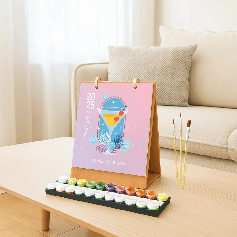 Creative 2026 Edition Desk Calendar Handmade 12 Month Standing Flip Calendar Hand Drawn Paint By Numbers Table Planner Gift